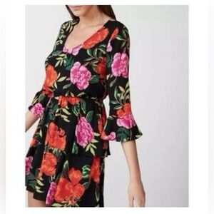 Express Women's XS Floral Flare Sleeve Tiered Mini Dress Multicolor Bell Sleeves